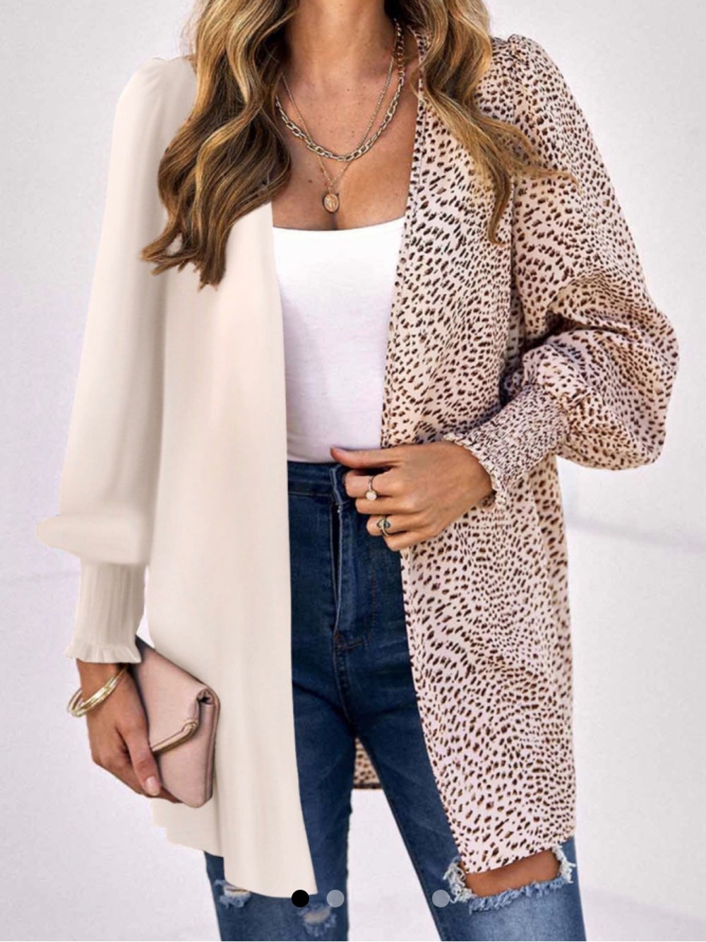 Women’s Two-Tone Cream & Leopard Print Open Cardigan